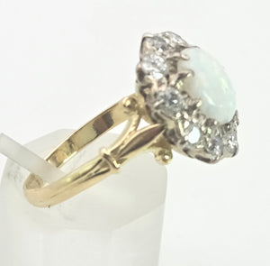 2340 Vintage: 18ct Gold Cabochon White Opal (1ct) Natural Diamonds (1ct) Cluster Ring
