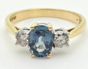 18ct Gold Ceylon Blue Sapphire (1.1ct) Diamonds (0.33ct) 3-Stone  Ring