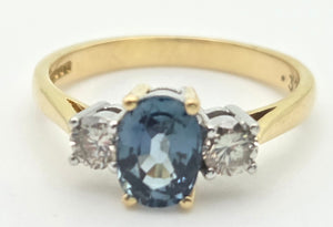 18ct Gold Ceylon Blue Sapphire (1.1ct) Diamonds (0.33ct) 3-Stone  Ring