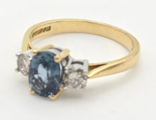 Load image into Gallery viewer, 18ct Gold Ceylon Blue Sapphire (1.1ct) Diamonds (0.33ct) 3-Stone  Ring
