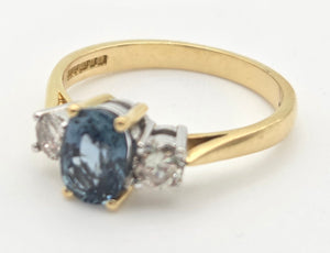 18ct Gold Ceylon Blue Sapphire (1.1ct) Diamonds (0.33ct) 3-Stone  Ring
