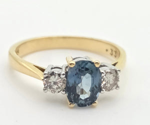 18ct Gold Ceylon Blue Sapphire (1.1ct) Diamonds (0.33ct) 3-Stone  Ring