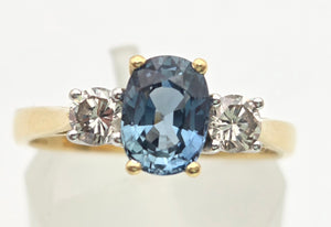 18ct Gold Ceylon Blue Sapphire (1.1ct) Diamonds (0.33ct) 3-Stone  Ring