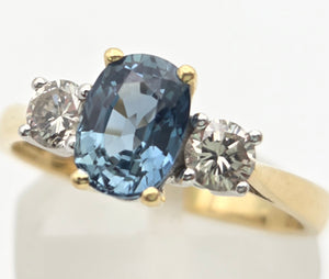 18ct Gold Ceylon Blue Sapphire (1.1ct) Diamonds (0.33ct) 3-Stone  Ring