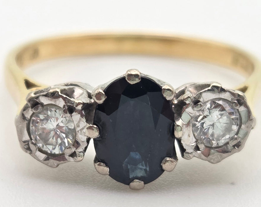 6379 Vintage: 18ct Yellow Gold 1.08ct Australian Blue Sapphire & 0.34ct Diamond Three Stone Ring