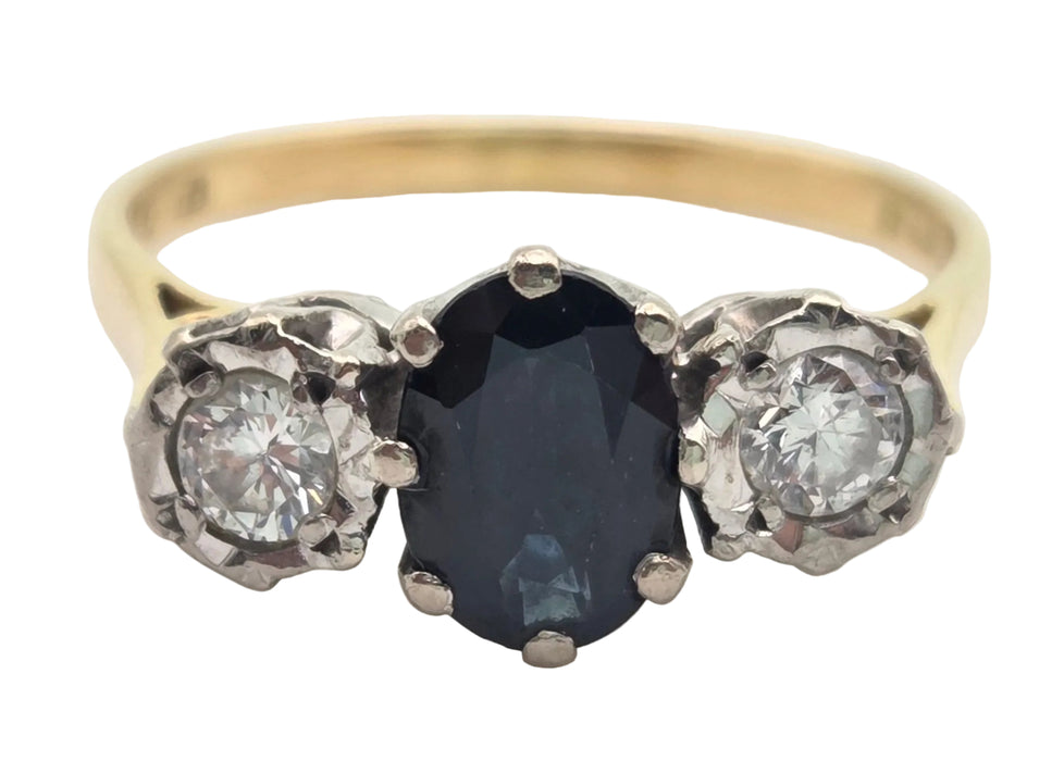 6379 Vintage: 18ct Yellow Gold 1.08ct Australian Blue Sapphire & 0.34ct Diamond Three Stone Ring