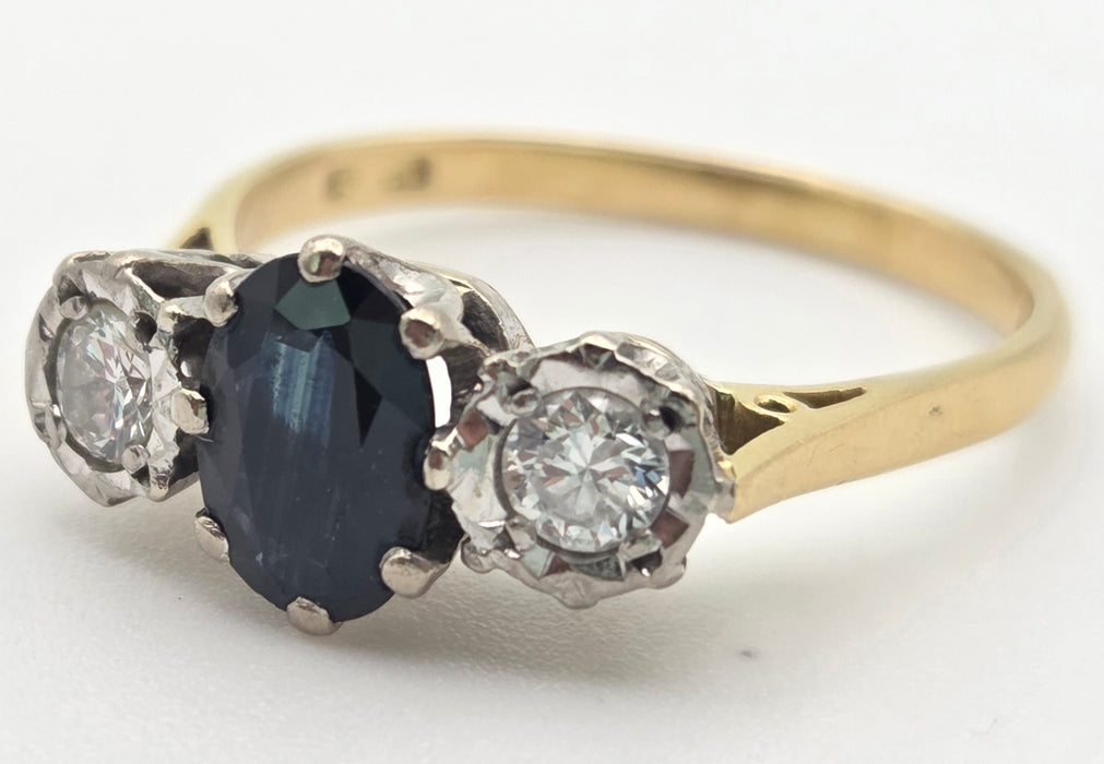 6379 Vintage: 18ct Yellow Gold 1.08ct Australian Blue Sapphire & 0.34ct Diamond Three Stone Ring