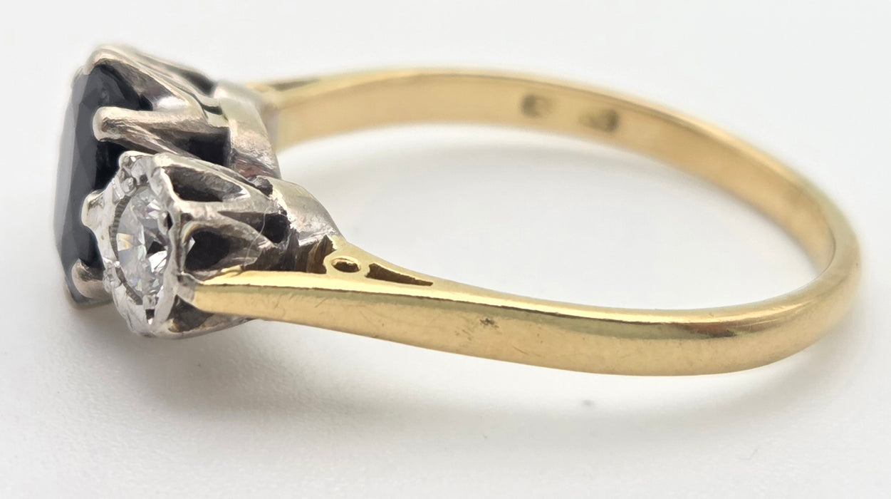 6379 Vintage: 18ct Yellow Gold 1.08ct Australian Blue Sapphire & 0.34ct Diamond Three Stone Ring