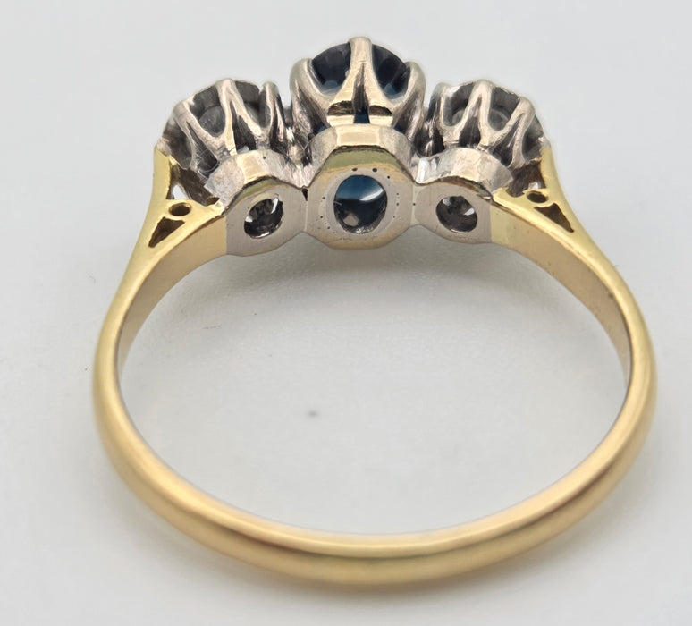 6379 Vintage: 18ct Yellow Gold 1.08ct Australian Blue Sapphire & 0.34ct Diamond Three Stone Ring