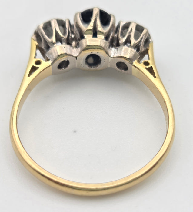 6379 Vintage: 18ct Yellow Gold 1.08ct Australian Blue Sapphire & 0.34ct Diamond Three Stone Ring