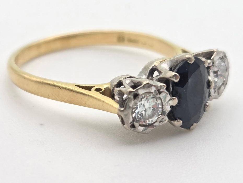 6379 Vintage: 18ct Yellow Gold 1.08ct Australian Blue Sapphire & 0.34ct Diamond Three Stone Ring