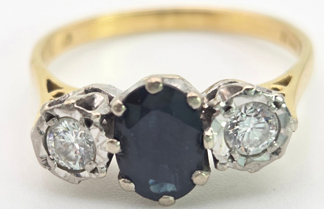 6379 Vintage: 18ct Yellow Gold 1.08ct Australian Blue Sapphire & 0.34ct Diamond Three Stone Ring