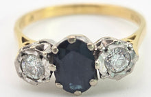 Load image into Gallery viewer, 2369 18ct Gold Australian Blue Sapphire (1.08ct) Diamonds (0.34ct) 3- Stone Ring
