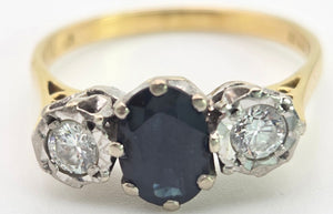 2369 18ct Gold Australian Blue Sapphire (1.08ct) Diamonds (0.34ct) 3- Stone Ring