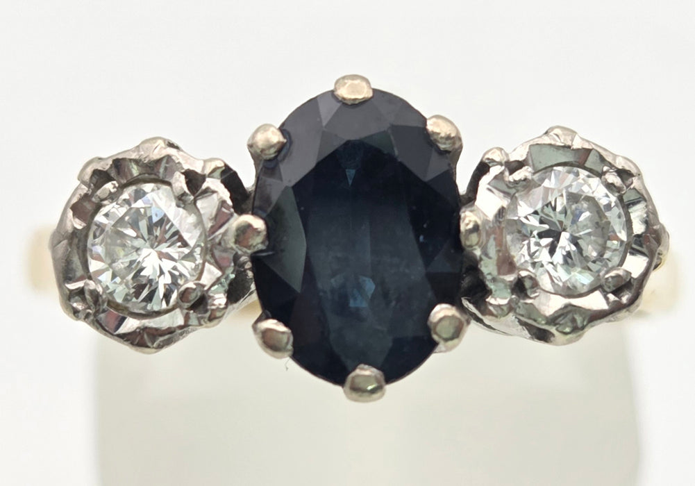 6379 Vintage: 18ct Yellow Gold 1.08ct Australian Blue Sapphire & 0.34ct Diamond Three Stone Ring