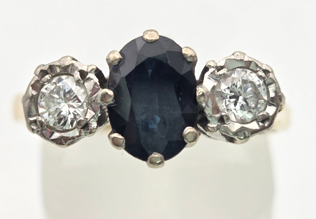 6379 Vintage: 18ct Yellow Gold 1.08ct Australian Blue Sapphire & 0.34ct Diamond Three Stone Ring