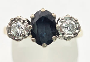 2369 18ct Gold Australian Blue Sapphire (1.08ct) Diamonds (0.34ct) 3- Stone Ring