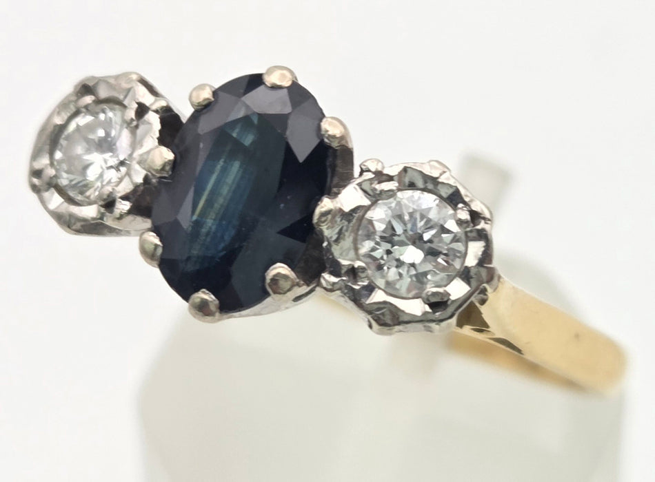 6379 Vintage: 18ct Yellow Gold 1.08ct Australian Blue Sapphire & 0.34ct Diamond Three Stone Ring