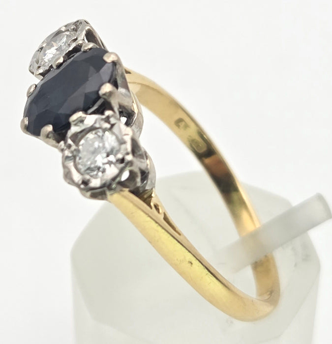 6379 Vintage: 18ct Yellow Gold 1.08ct Australian Blue Sapphire & 0.34ct Diamond Three Stone Ring