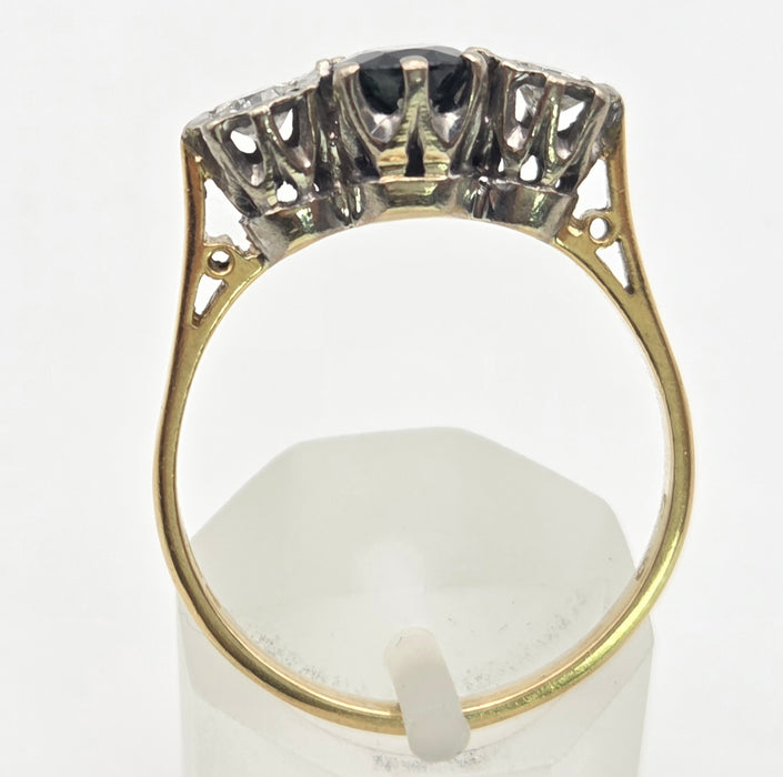 6379 Vintage: 18ct Yellow Gold 1.08ct Australian Blue Sapphire & 0.34ct Diamond Three Stone Ring