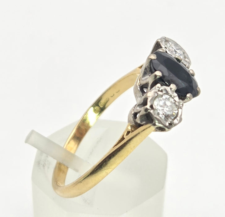 6379 Vintage: 18ct Yellow Gold 1.08ct Australian Blue Sapphire & 0.34ct Diamond Three Stone Ring