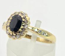 Load image into Gallery viewer, 18ct Gold Blue Sapphire 22 Natural Diamonds Diana Style Cluster Ring
