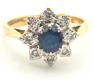 2375 18ct Gold Cornflower Blue Sapphire Diamonds Flower Head Ring