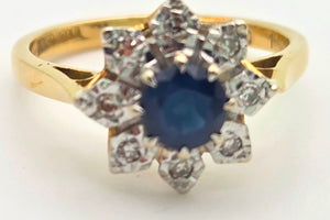 2375 18ct Gold Cornflower Blue Sapphire Diamonds Flower Head Ring