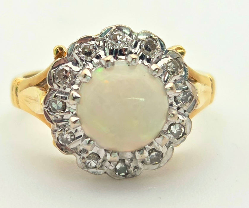 6419 18ct Gold Vivid White Opal 12 Natural Diamonds Halo Ring