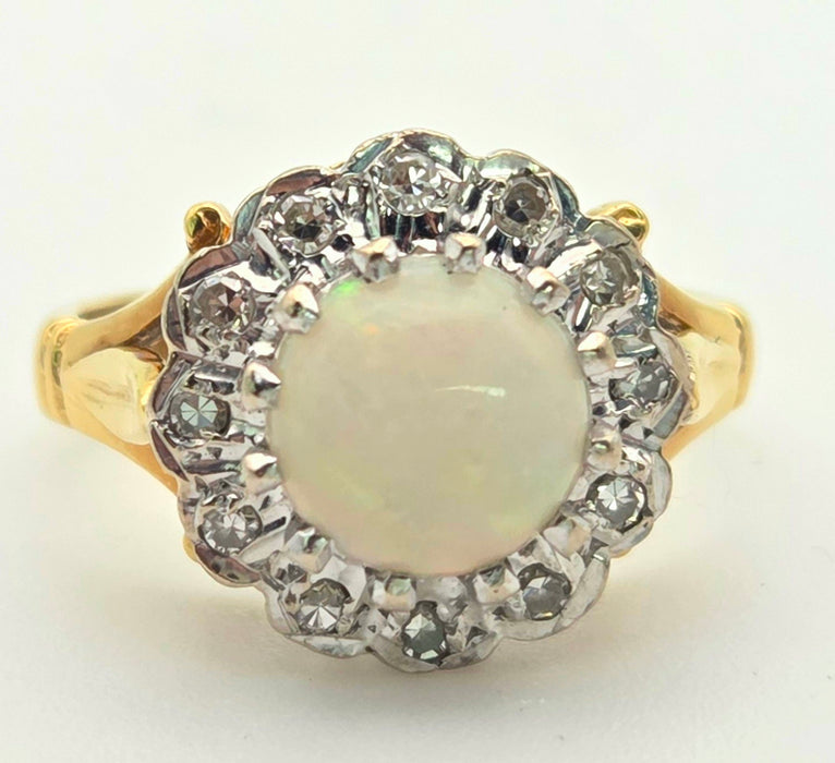6419 18ct Gold Vivid White Opal 12 Natural Diamonds Halo Ring