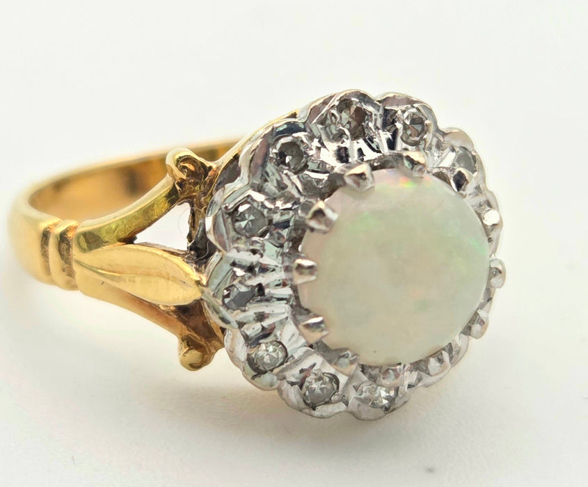 6419 18ct Gold Vivid White Opal 12 Natural Diamonds Halo Ring