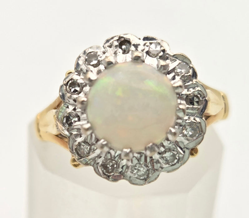6419 18ct Gold Vivid White Opal 12 Natural Diamonds Halo Ring