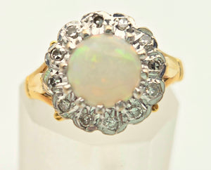 18ct Gold Vivid White Opal 12 Natural Diamonds Halo Ring- From 1975