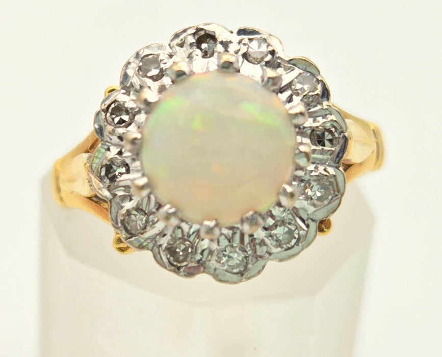 6419 18ct Gold Vivid White Opal 12 Natural Diamonds Halo Ring