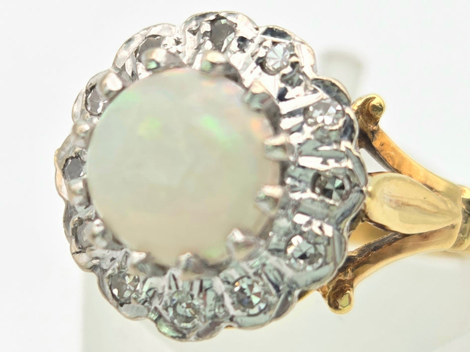 6419 18ct Gold Vivid White Opal 12 Natural Diamonds Halo Ring