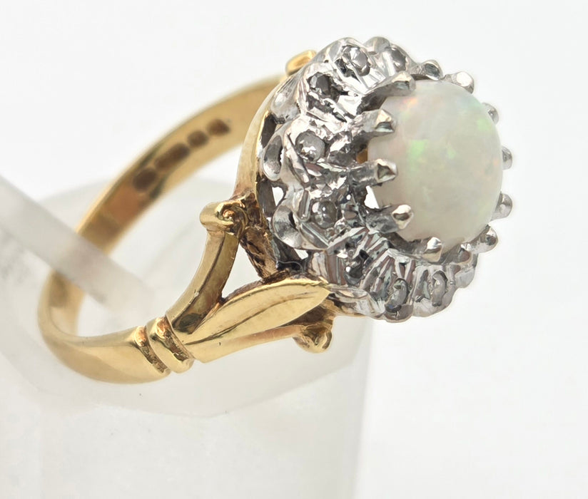 6419 18ct Gold Vivid White Opal 12 Natural Diamonds Halo Ring