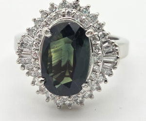 Platinum Green Sapphire (2.11ct) Natural Diamonds (0.69ct) Cluster Ring - Rare