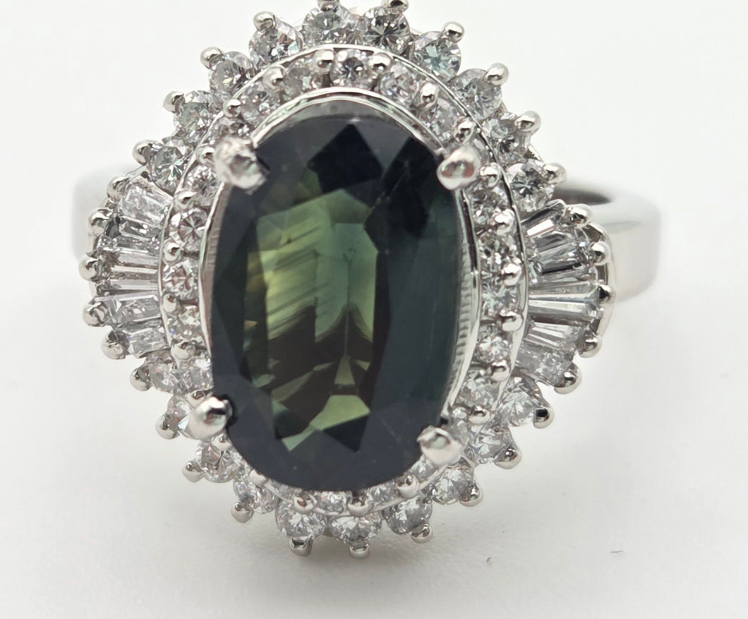 Platinum Green Sapphire (2.11ct) Natural Diamonds (0.69ct) Cluster Ring - Rare