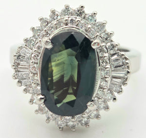 Platinum Green Sapphire (2.11ct) Natural Diamonds (0.69ct) Cluster Ring - Rare