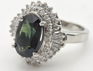 Platinum Green Sapphire (2.11ct) Natural Diamonds (0.69ct) Cluster Ring - Rare