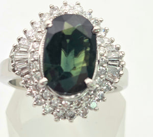 Platinum Green Sapphire (2.11ct) Natural Diamonds (0.69ct) Cluster Ring - Rare