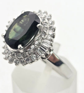 Platinum Green Sapphire (2.11ct) Natural Diamonds (0.69ct) Cluster Ring - Rare