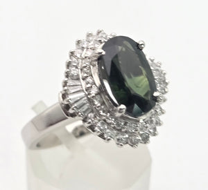 Platinum Green Sapphire (2.11ct) Natural Diamonds (0.69ct) Cluster Ring - Rare