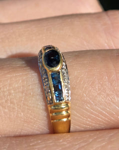 Vintage: 18ct Gold French Blue Sapphires Natural Diamonds Stacker/Dress Ring