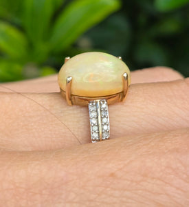 2270 Vintage: 9ct Gold Oval cabochon White Opal 20 Natural Diamonds Cocktail Ring