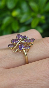 Vintage: 9ct Gold Lilac Amethysts Diamonds Floral Cluster Cocktail Ring
