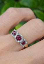 Cargar imagen en el visor de la galería, Vintage: 9ct Gold Rubies Trilogy 38 Natural Diamonds Dress Ring
