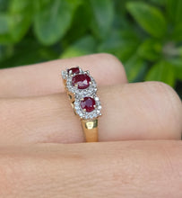 Cargar imagen en el visor de la galería, Vintage: 9ct Gold Rubies Trilogy 38 Natural Diamonds Dress Ring
