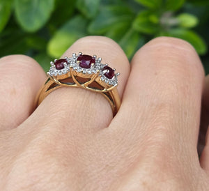 Vintage: 9ct Gold Rubies Trilogy 38 Natural Diamonds Dress Ring