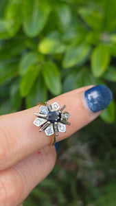 Vintage: 18ct Gold Blue Sapphire Diamonds Flower Head Ring - From 1977